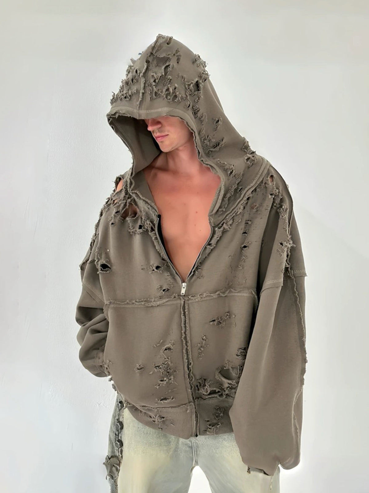 Co-ed Dorm Baggy Mud-Washed Zip-up Hoodie - Brown