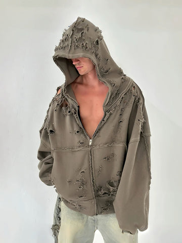 Co-ed Dorm Baggy Mud-Washed Zip-up Hoodie - Brown
