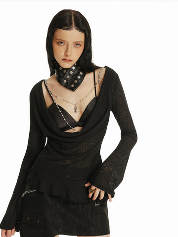 Brick Lane Draped Cross Detail Open Knit Sweater - Black
