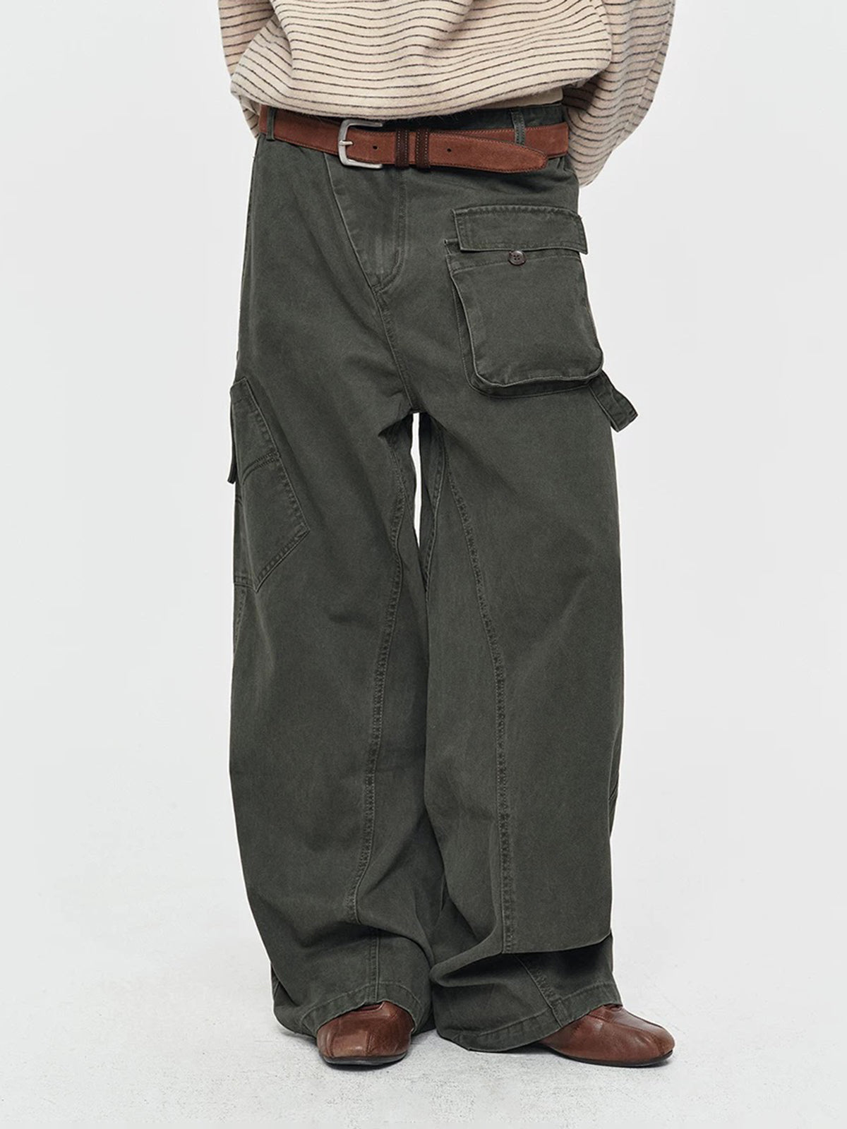 Co-ed Dorm Wide-leg Multi-Pocket Cargo Pants - Green