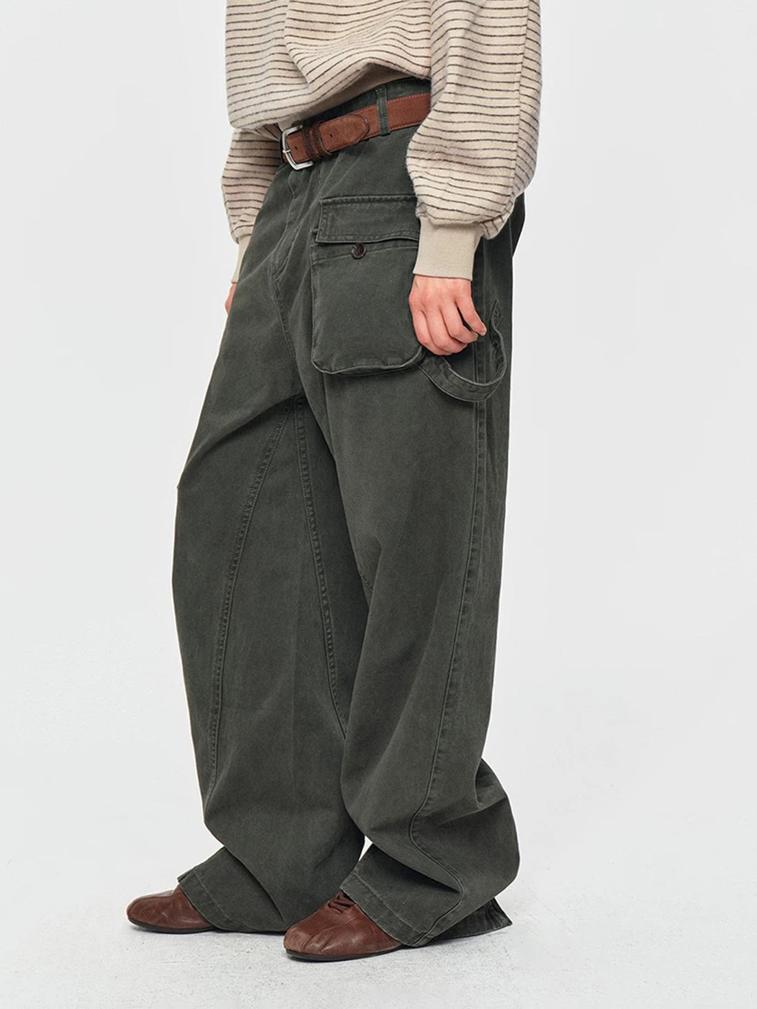 Co-ed Dorm Wide-leg Multi-Pocket Cargo Pants - Green