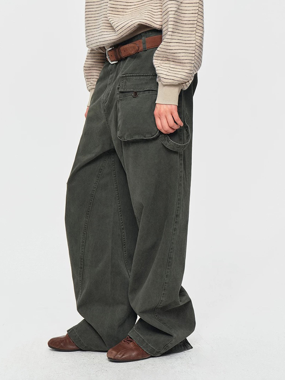 Co-ed Dorm Wide-leg Multi-Pocket Cargo Pants - Green