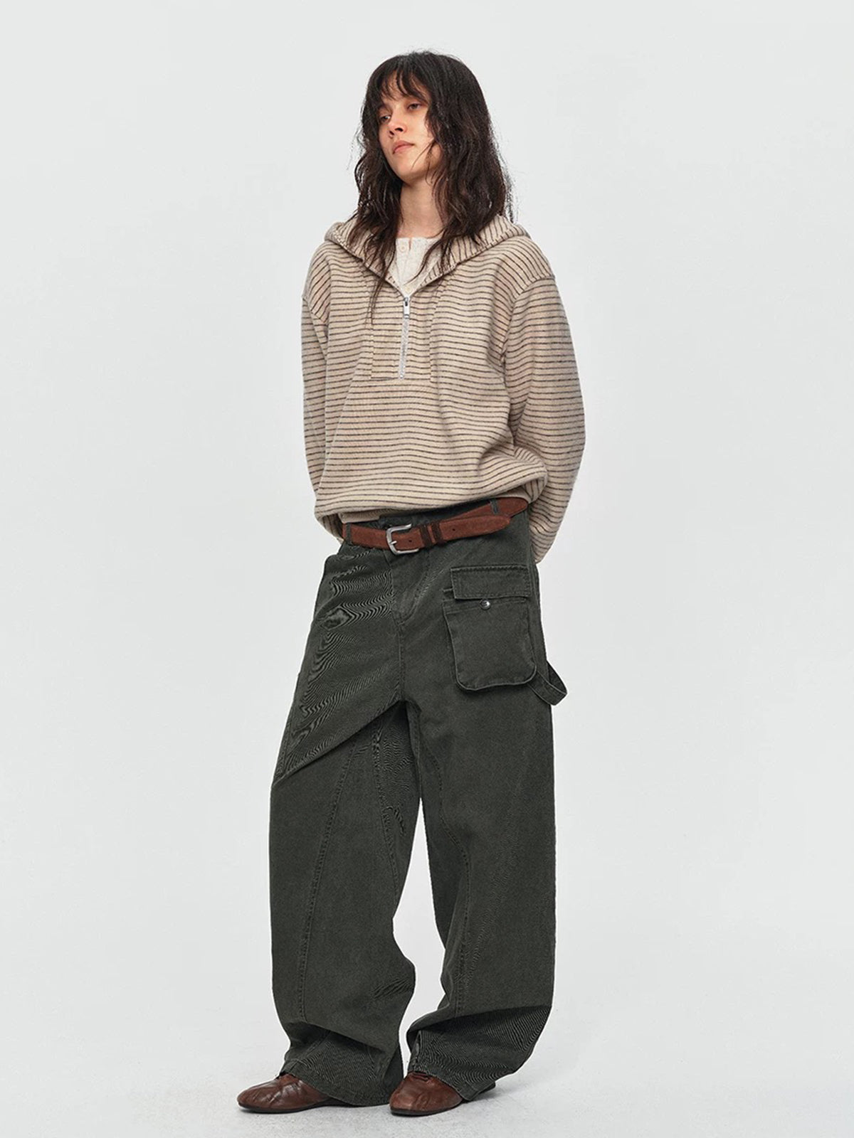 Co-ed Dorm Wide-leg Multi-Pocket Cargo Pants - Green