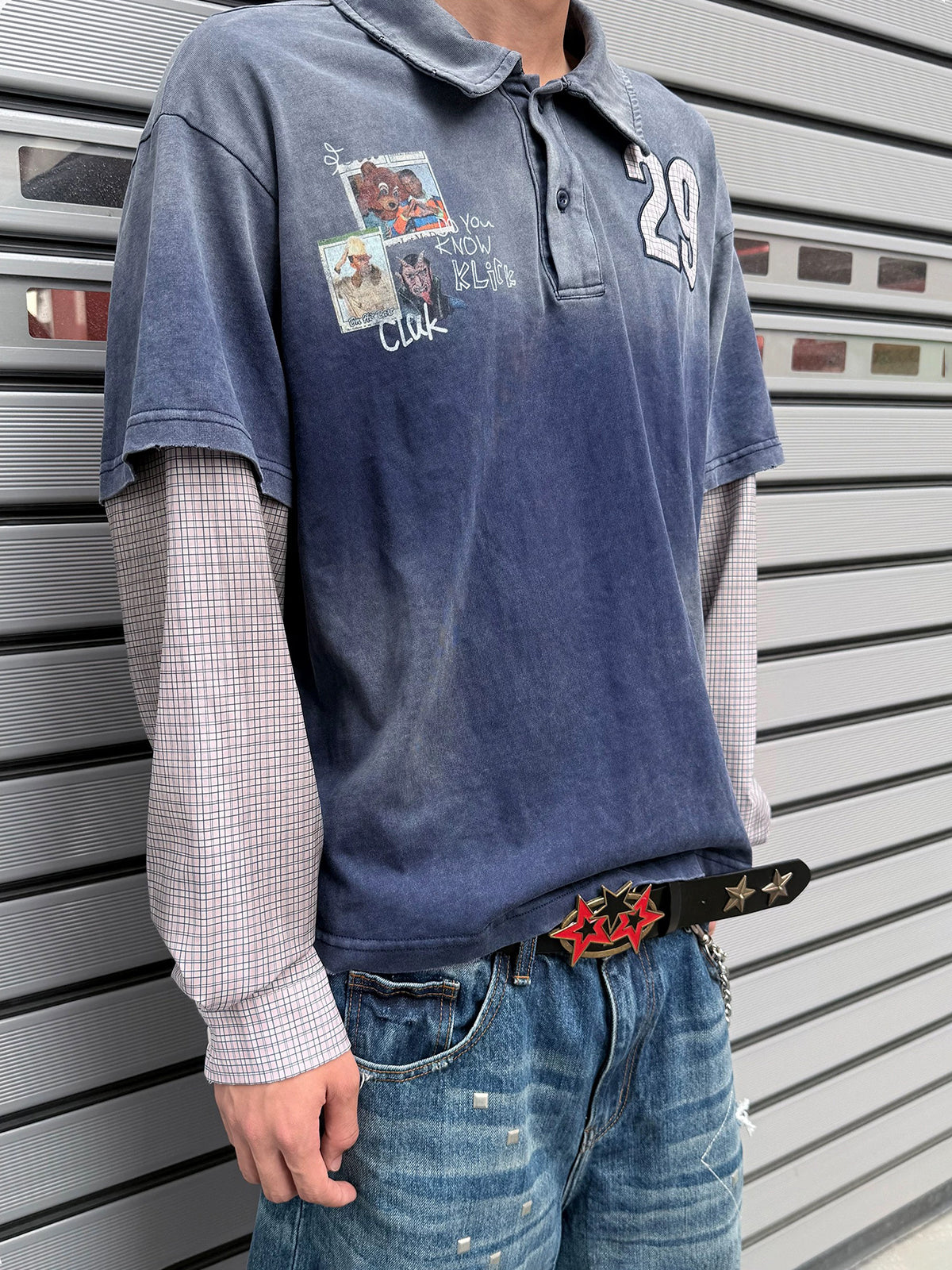 Co-ed Dorm Layered-Look Plaid Washed Sweatshirt - Blue