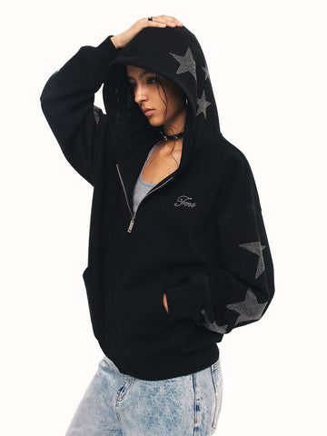 Co-ed Dorm Baggy Rhinestone Zip-up Hoodie - Black