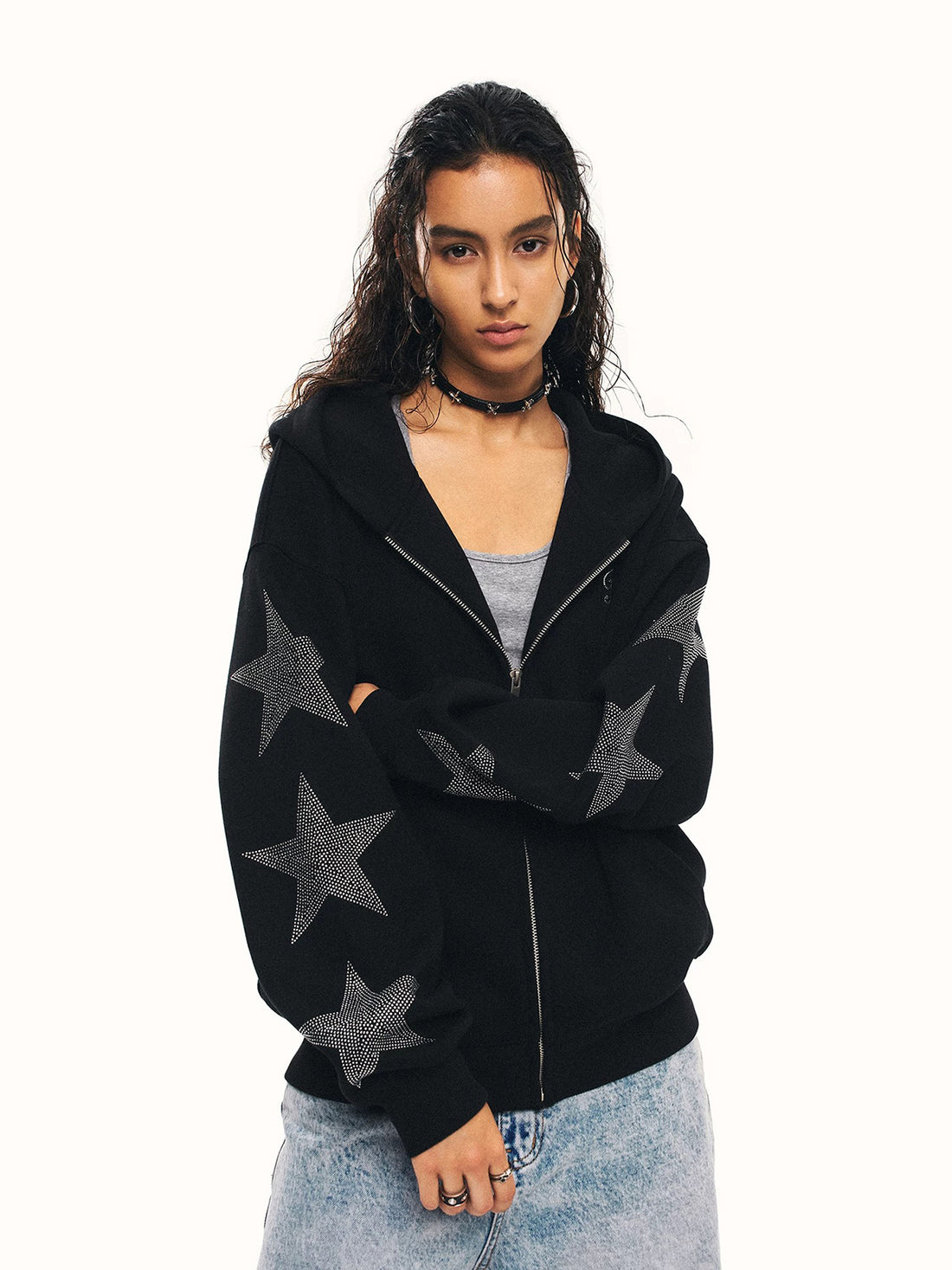 Co-ed Dorm Baggy Rhinestone Zip-up Hoodie - Black