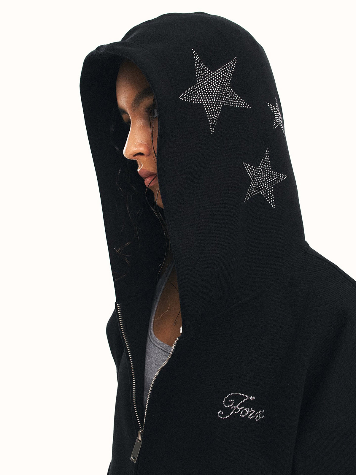 Co-ed Dorm Baggy Rhinestone Zip-up Hoodie - Black