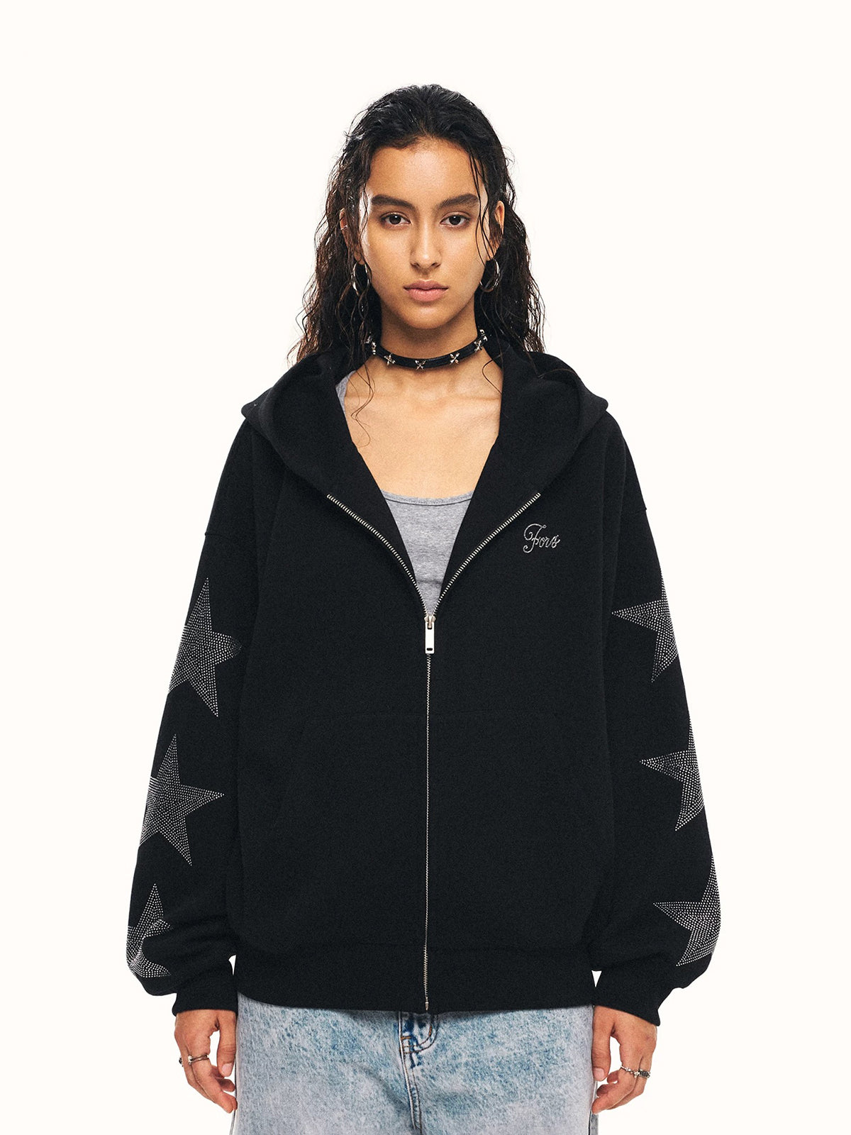 Co-ed Dorm Baggy Rhinestone Zip-up Hoodie - Black
