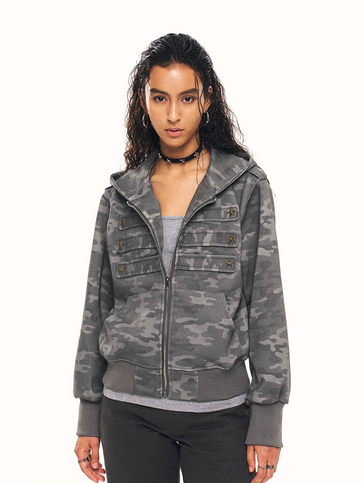 Co-ed Dorm Baggy Camouflage Washed Zip-up Hoodie - Grey