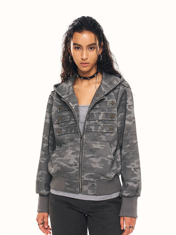 Co-ed Dorm Baggy Camouflage Washed Zip-up Hoodie - Grey