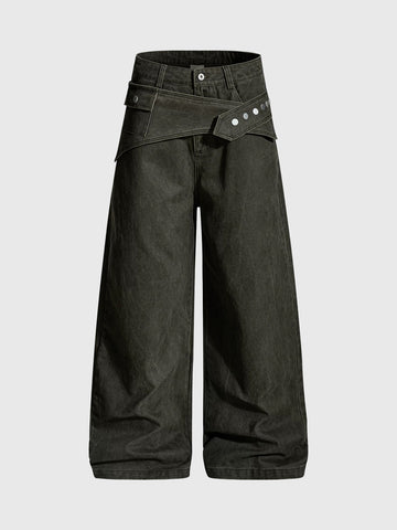 Brick Lane Wide-leg Folded Waistband Cargo Pants - Black