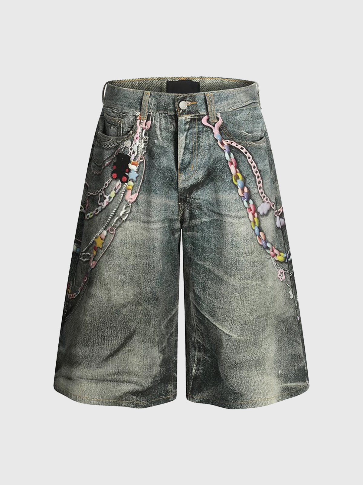 Brick Lane Wide-leg Distressed Graphic Print Shorts - Grey