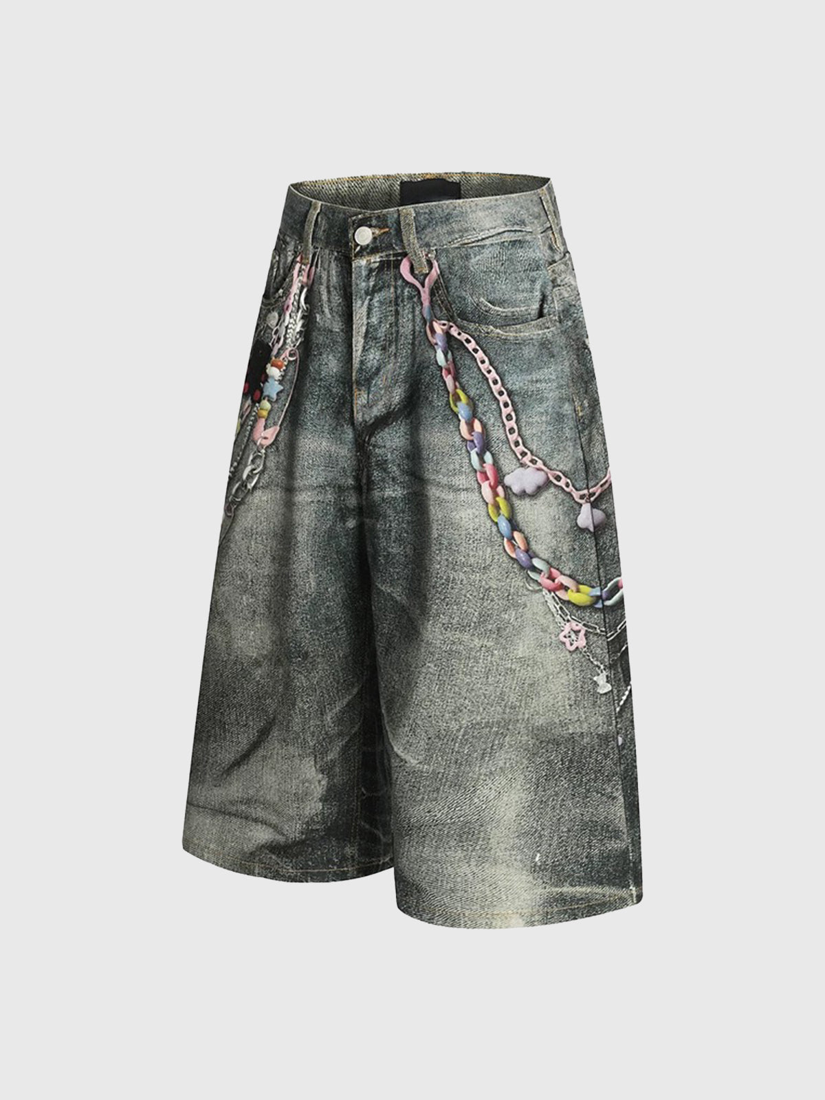 Brick Lane Wide-leg Distressed Graphic Print Shorts - Grey