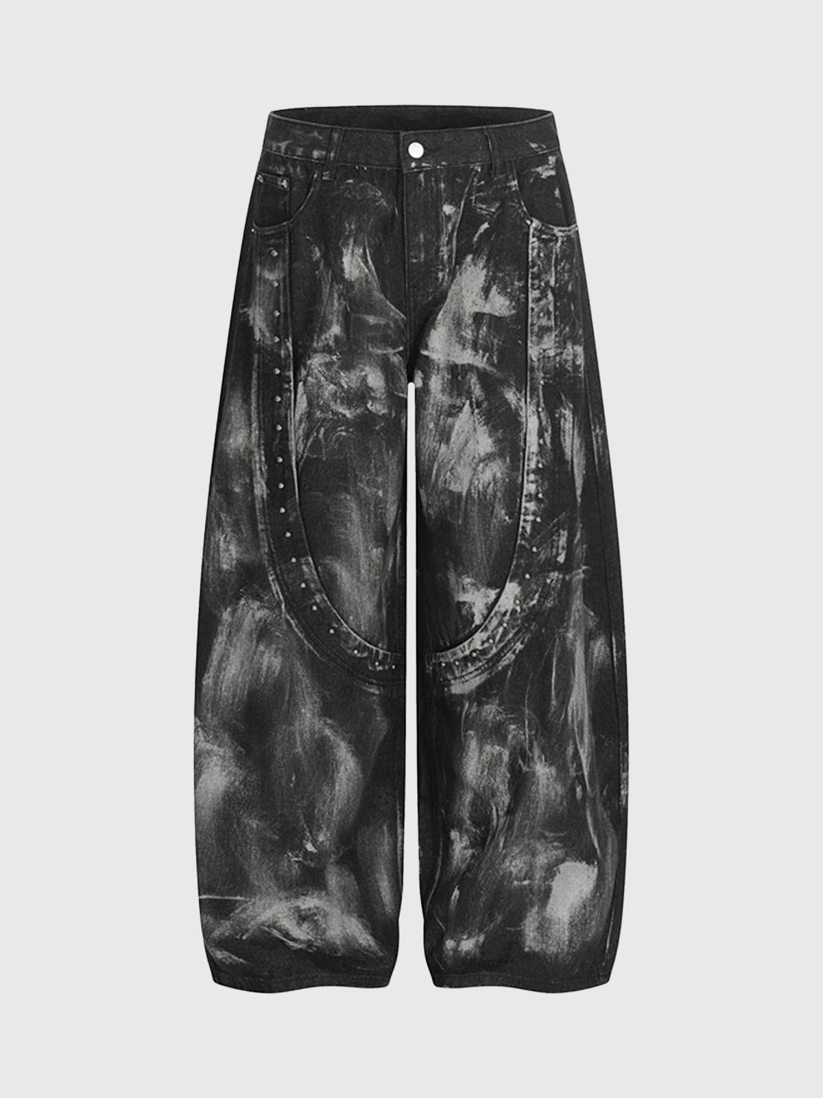 Brick Lane Curved Cut Acid Wash Graphic Print Pants - Black