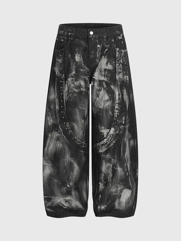 Brick Lane Curved Cut Acid Wash Graphic Print Pants - Black