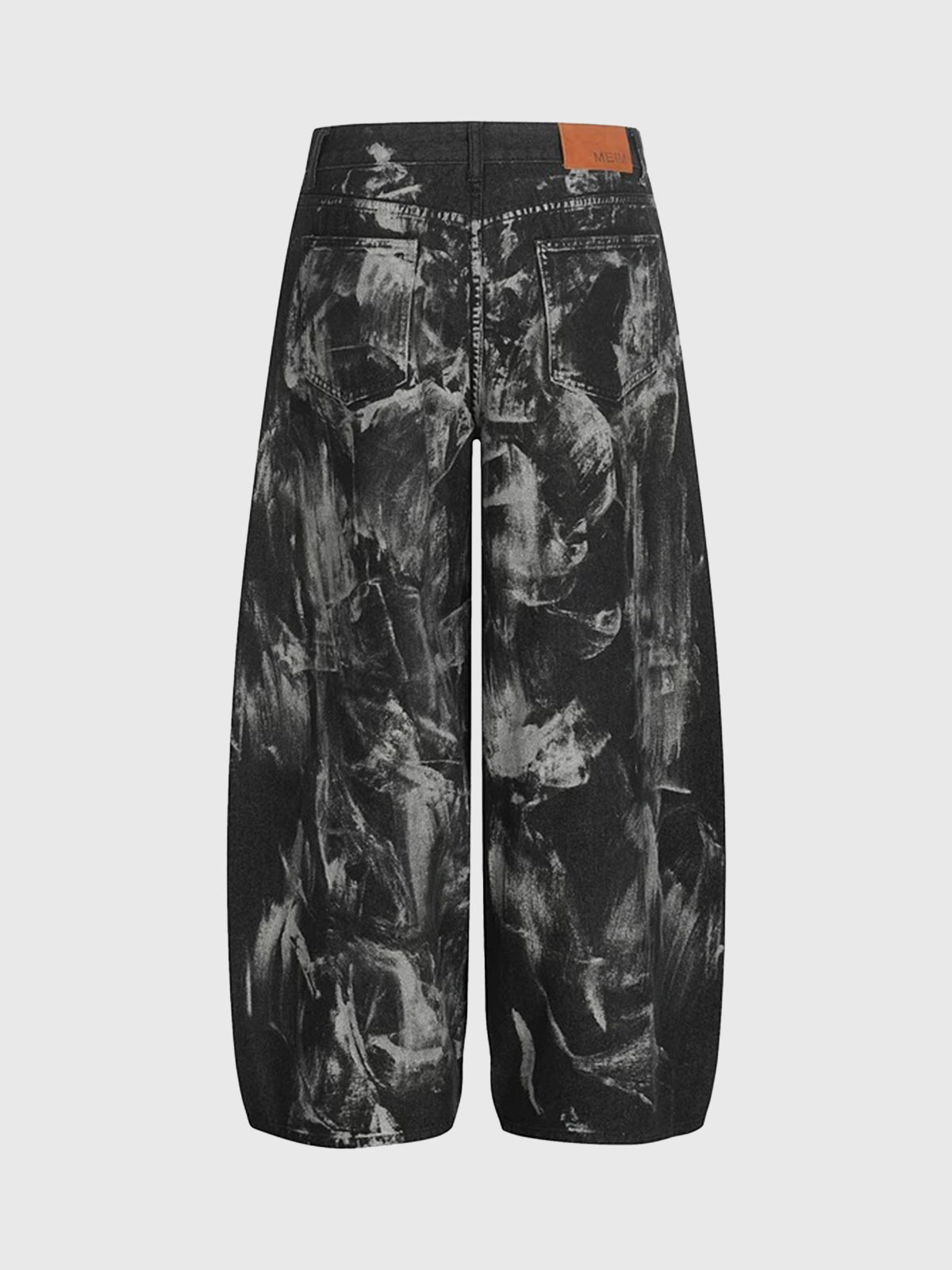 Brick Lane Curved Cut Acid Wash Graphic Print Pants - Black