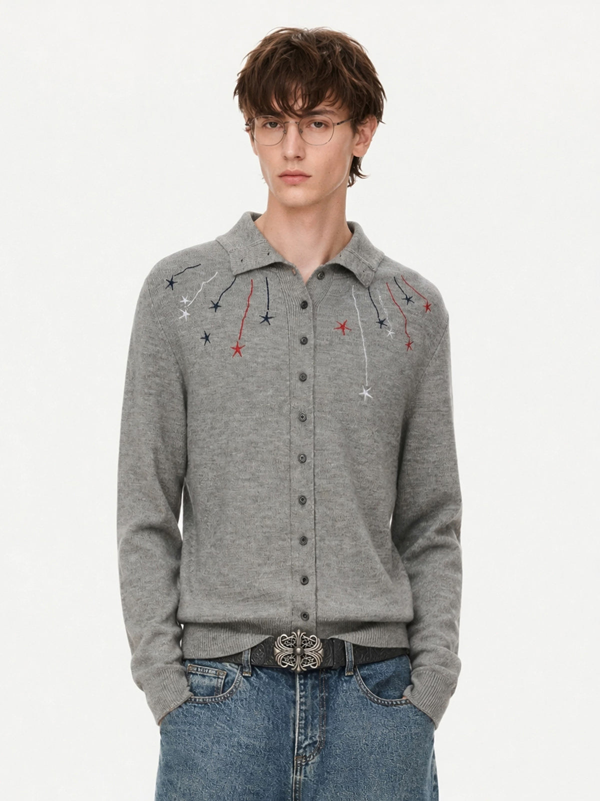Co-ed Dorm Skimming Star Embroidery Zip-up Hoodie - Grey