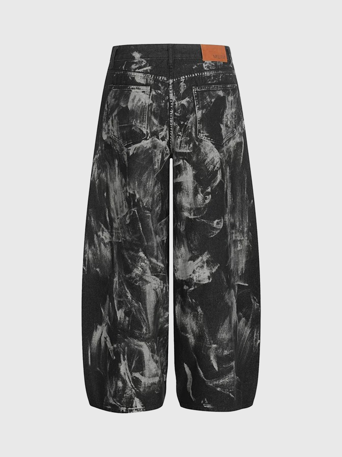 Brick Lane Curved Cut Acid Wash Graphic Print Pants - Black