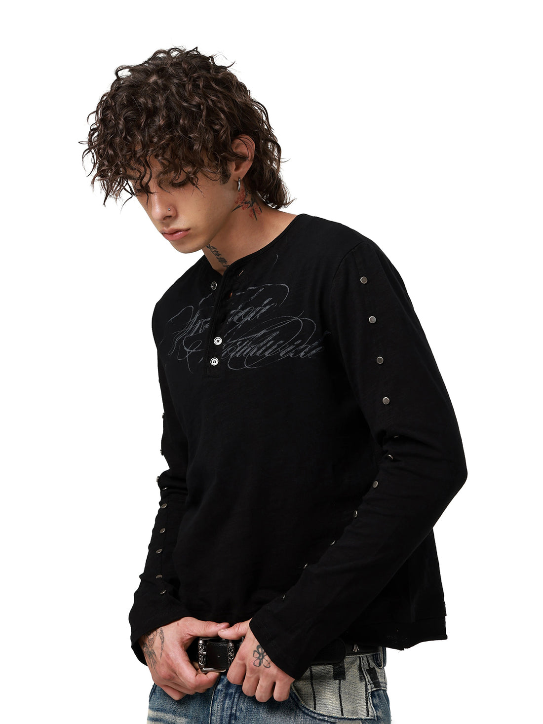Co-ed Dorm Skimming V-Neck Distressed Sweatshirt - Black