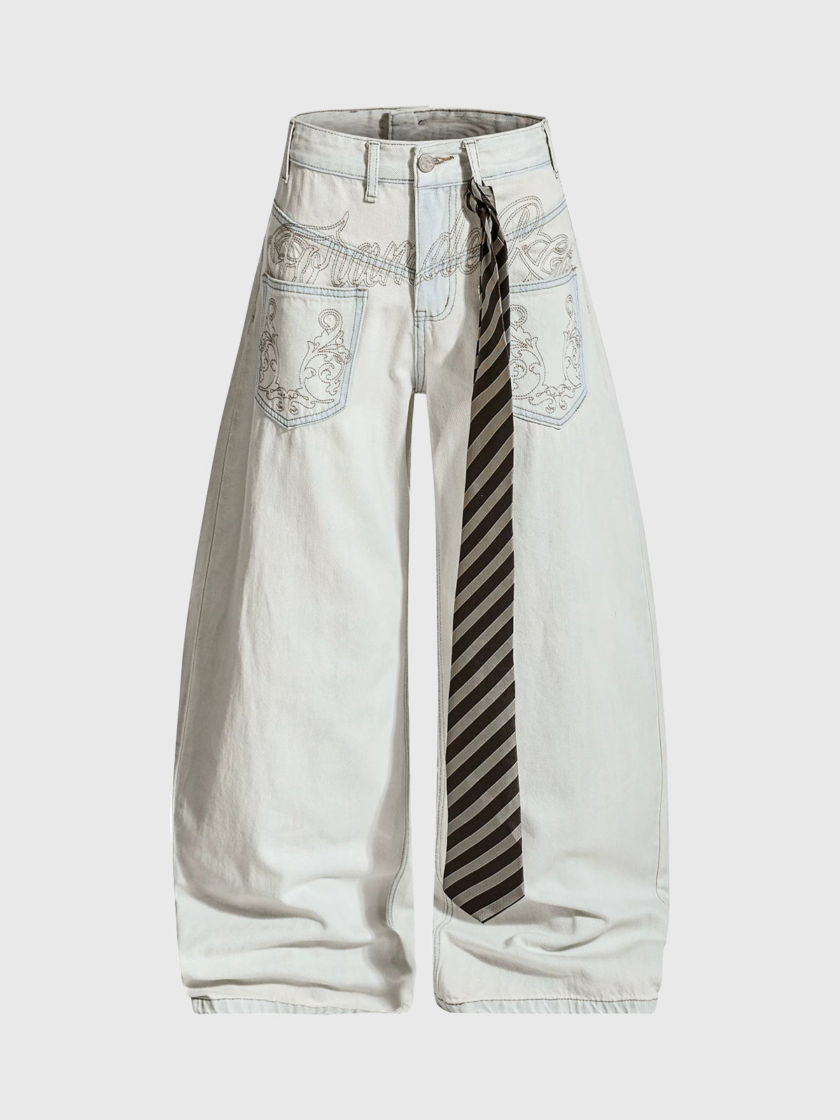 Brick Lane Curved Cut Embroidered Tie Detail Pants - White