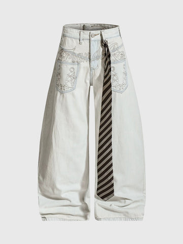 Brick Lane Curved Cut Embroidered Tie Detail Pants - White