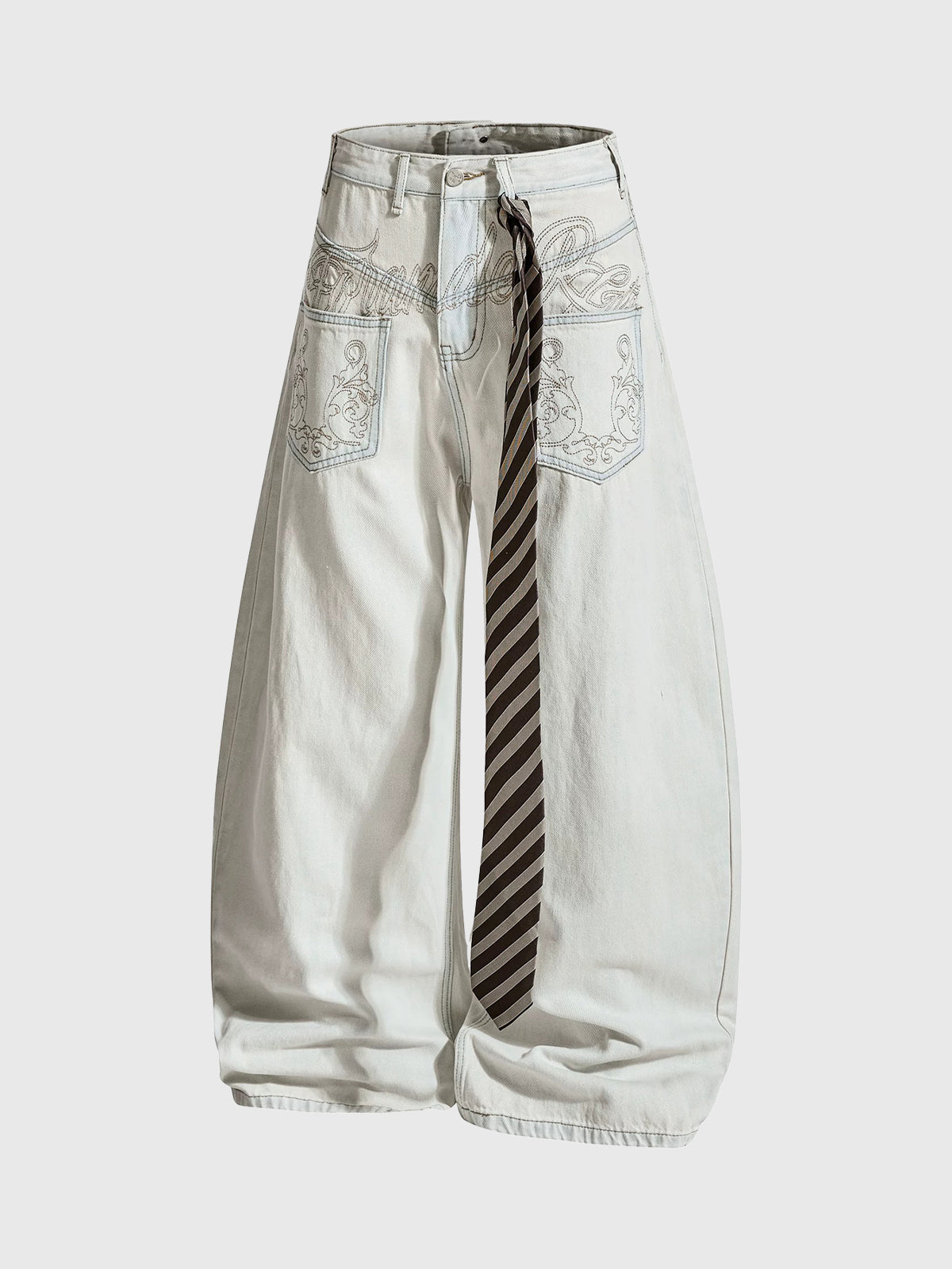 Brick Lane Curved Cut Embroidered Tie Detail Pants - White