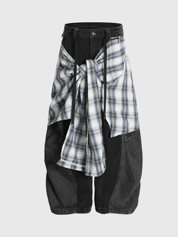 Brick Lane Layered-look Check Plaid Shirting Waist Cargo Pants - Black