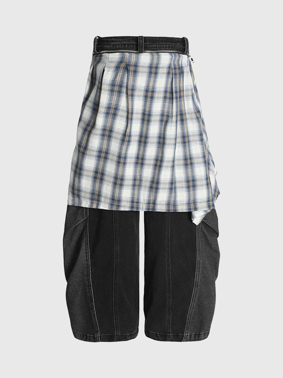 Brick Lane Layered-look Check Plaid Shirting Waist Cargo Pants - Black