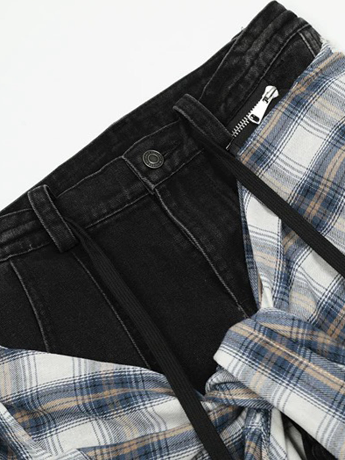 Brick Lane Layered-look Check Plaid Shirting Waist Cargo Pants - Black