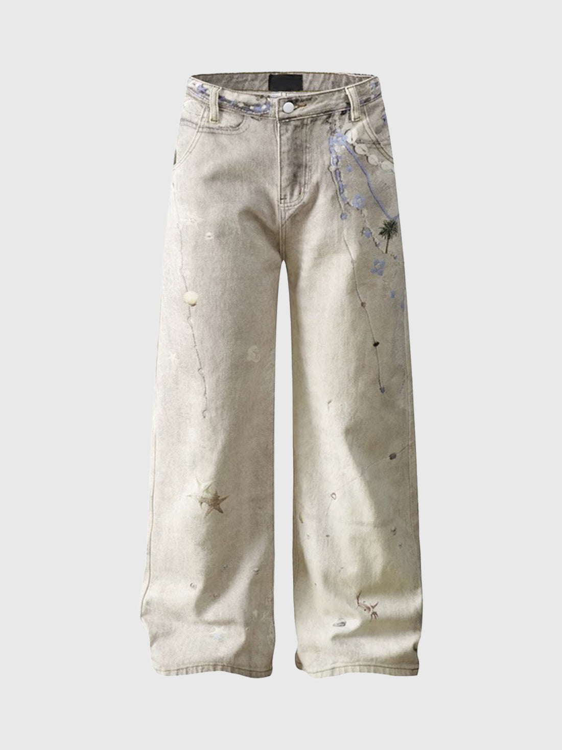 Brick Lane Wide-leg Distressed Paint Splatter Print Trousers - Apricot