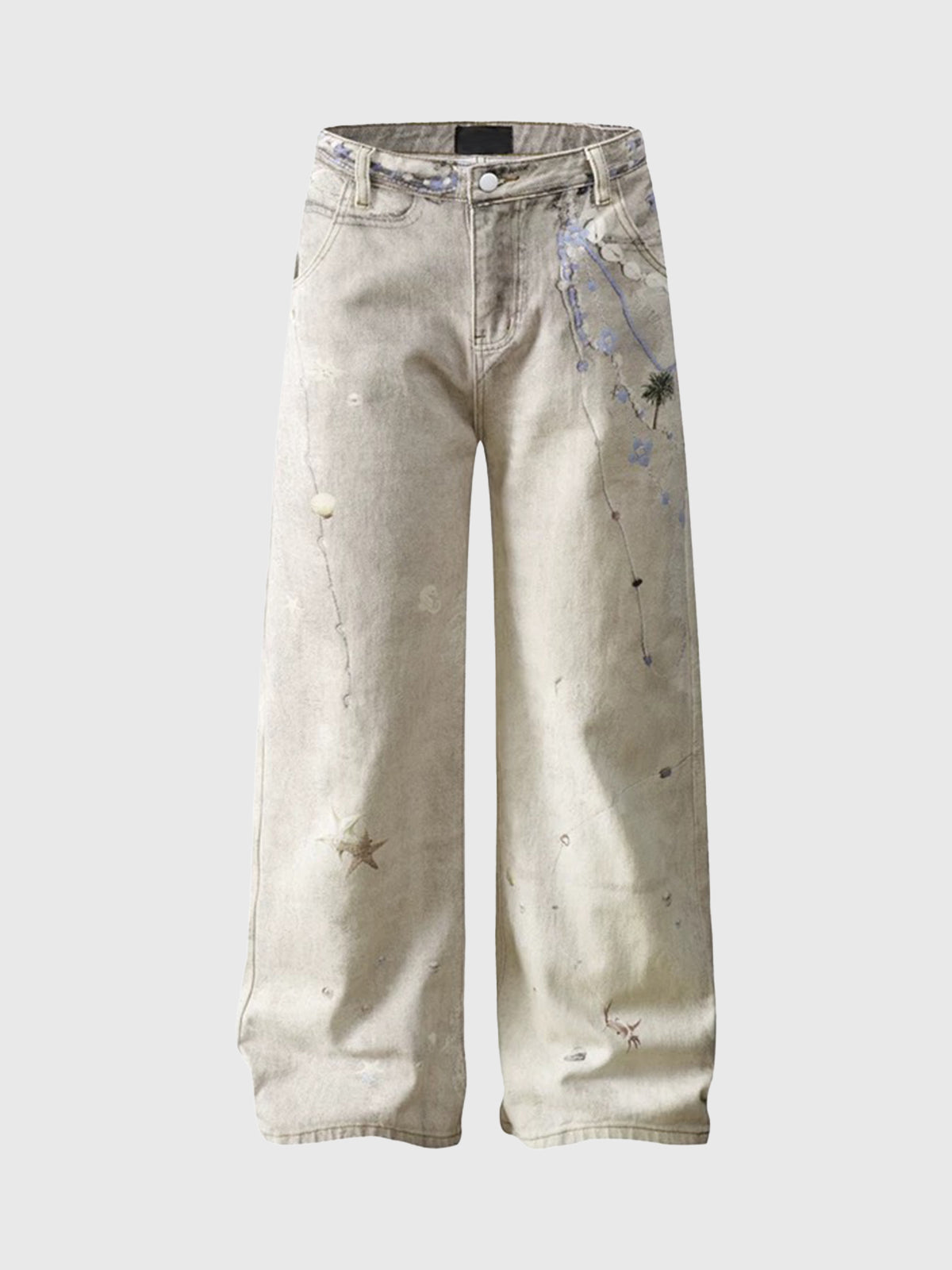 Brick Lane Wide-leg Distressed Paint Splatter Print Trousers - Apricot