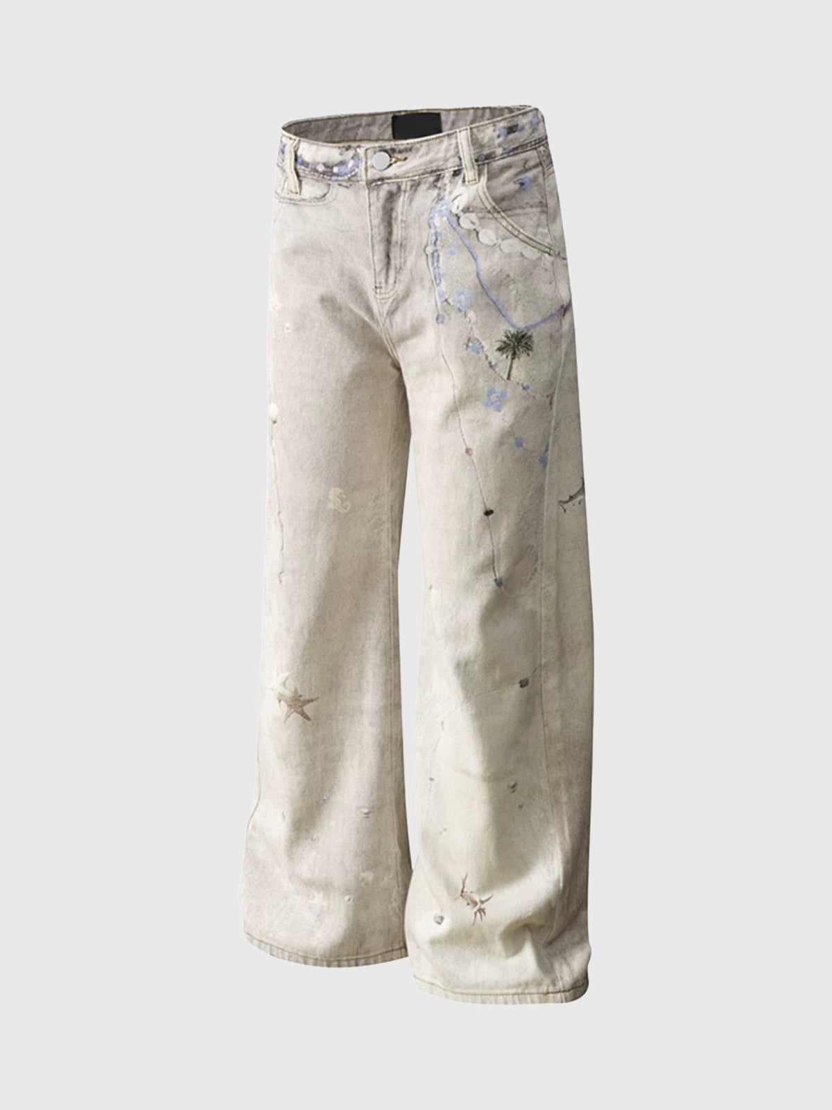 Brick Lane Wide-leg Distressed Paint Splatter Print Trousers - Apricot