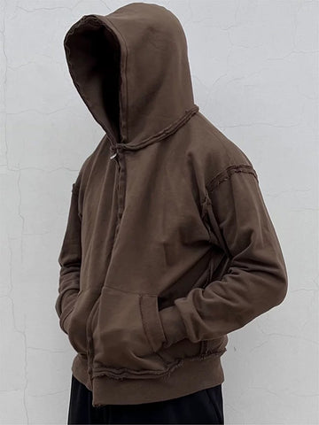 Co-ed Dorm Baggy Washed Zip-up Hoodie - Brown