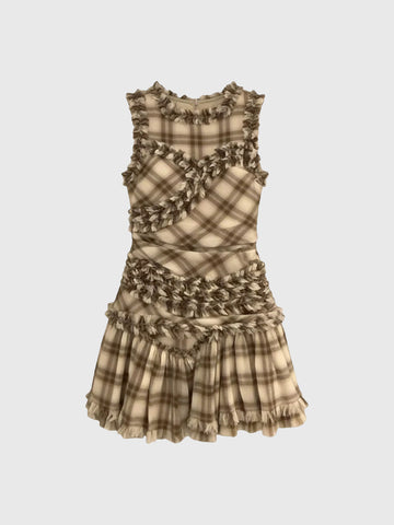 Brick Lane Ruffled Check Plaid Mini Dress - Brown