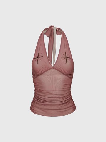 Brick Lane Halter Embroidered Slim Fit Top - Mauve