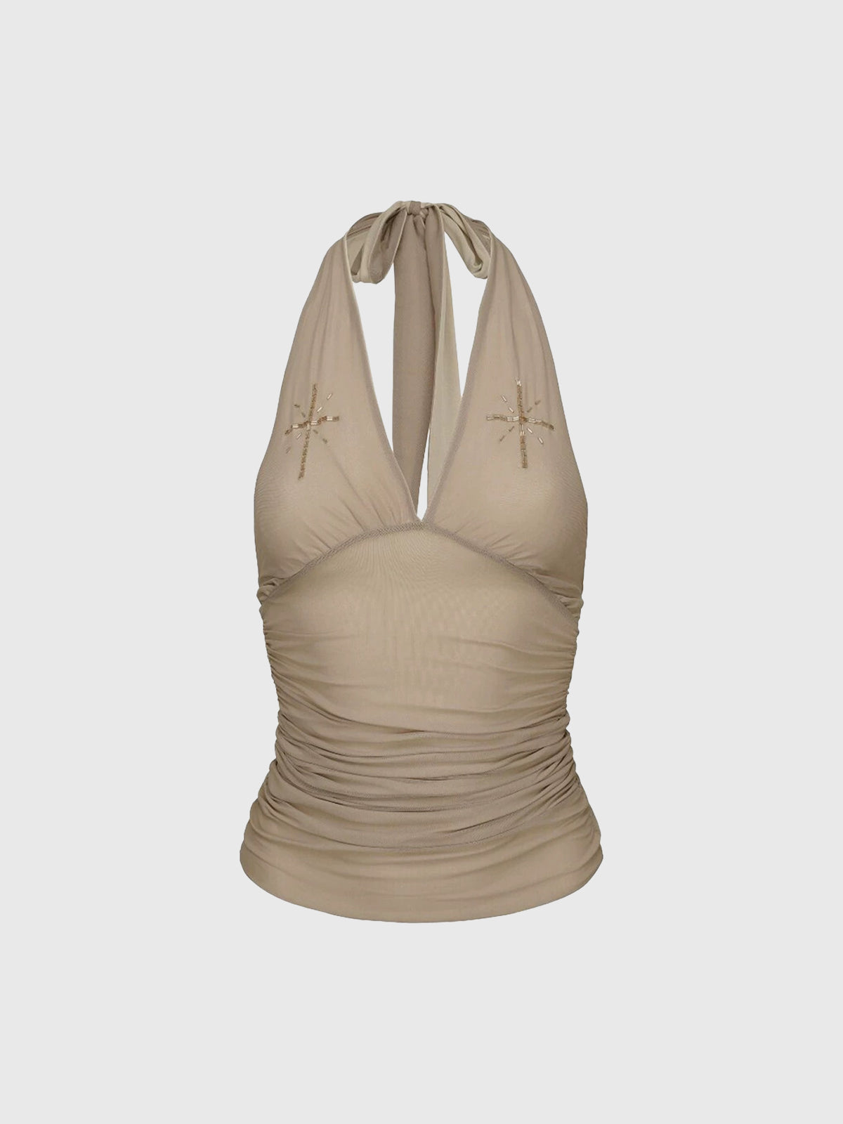 Brick Lane Halter Embroidered Slim Fit Top - Khaki