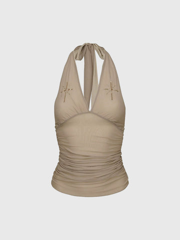 Brick Lane Halter Embroidered Slim Fit Top - Khaki