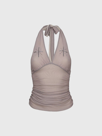 Brick Lane Halter Embroidered Slim Fit Top - Lilac