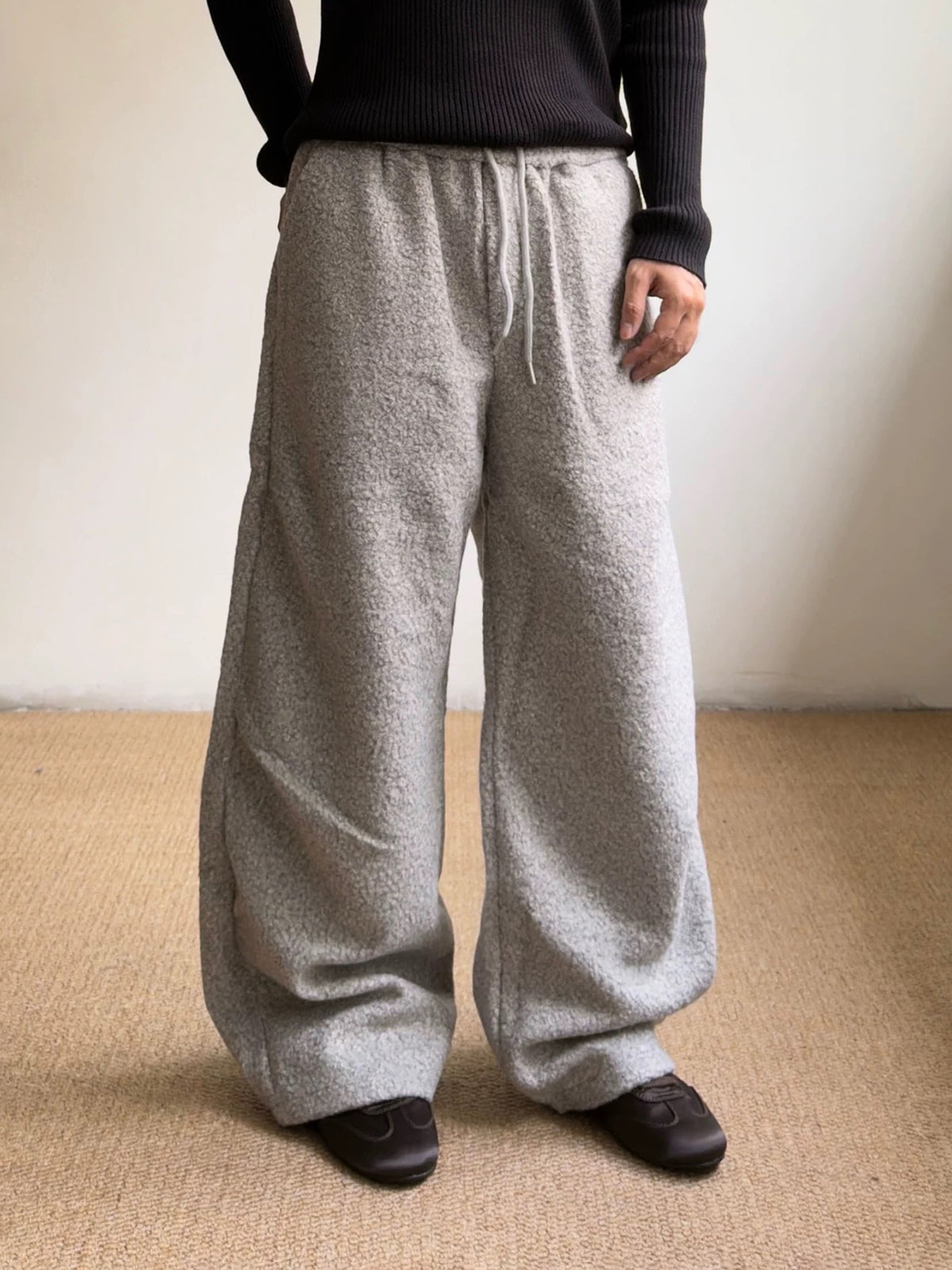 Co-ed Dorm Curved Cut Tweed Wide-leg Pants - Grey