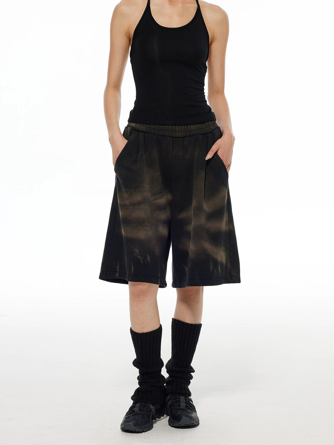 Brick Lane Straight Tie-dye Distressed Cargo Shorts - Black