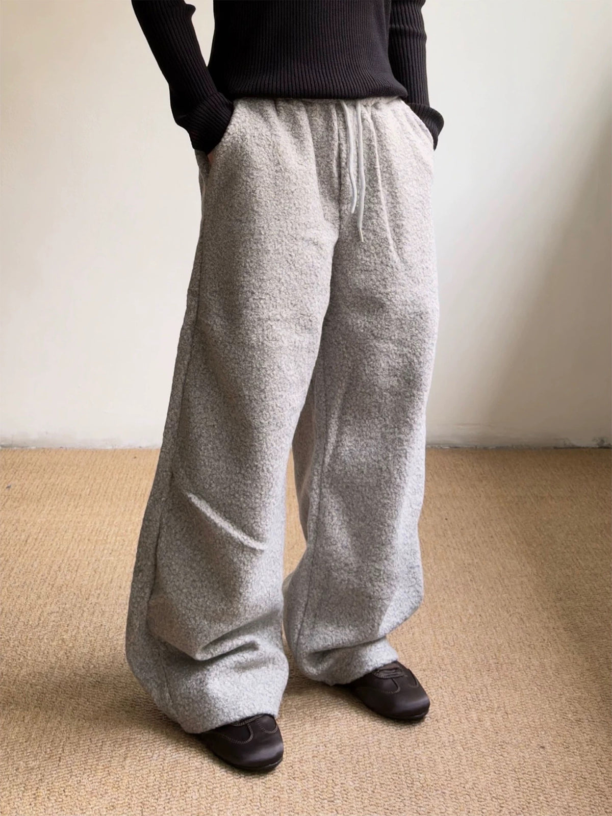 Co-ed Dorm Curved Cut Tweed Wide-leg Pants - Grey