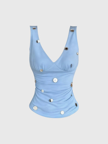 Brick Lane Halter Rhinestone V-neck Tank Top - Blue