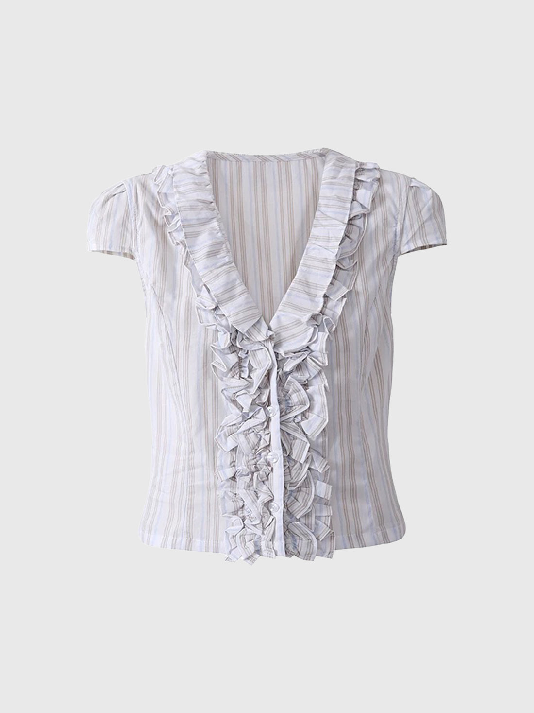 Dolled Office Ruffled Stripe Button-up Blouse - White