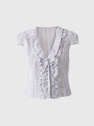 Dolled Office Ruffled Stripe Button-up Blouse - White