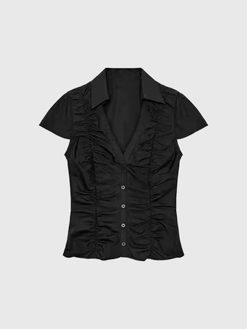 Dolled Office V-neck Ruched Cap Sleeve Top - Black
