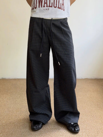 Co-ed Dorm Wide-leg Plaid Denim Pants - Black
