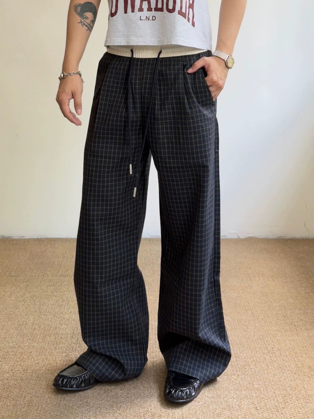 Co-ed Dorm Wide-leg Plaid Denim Pants - Black