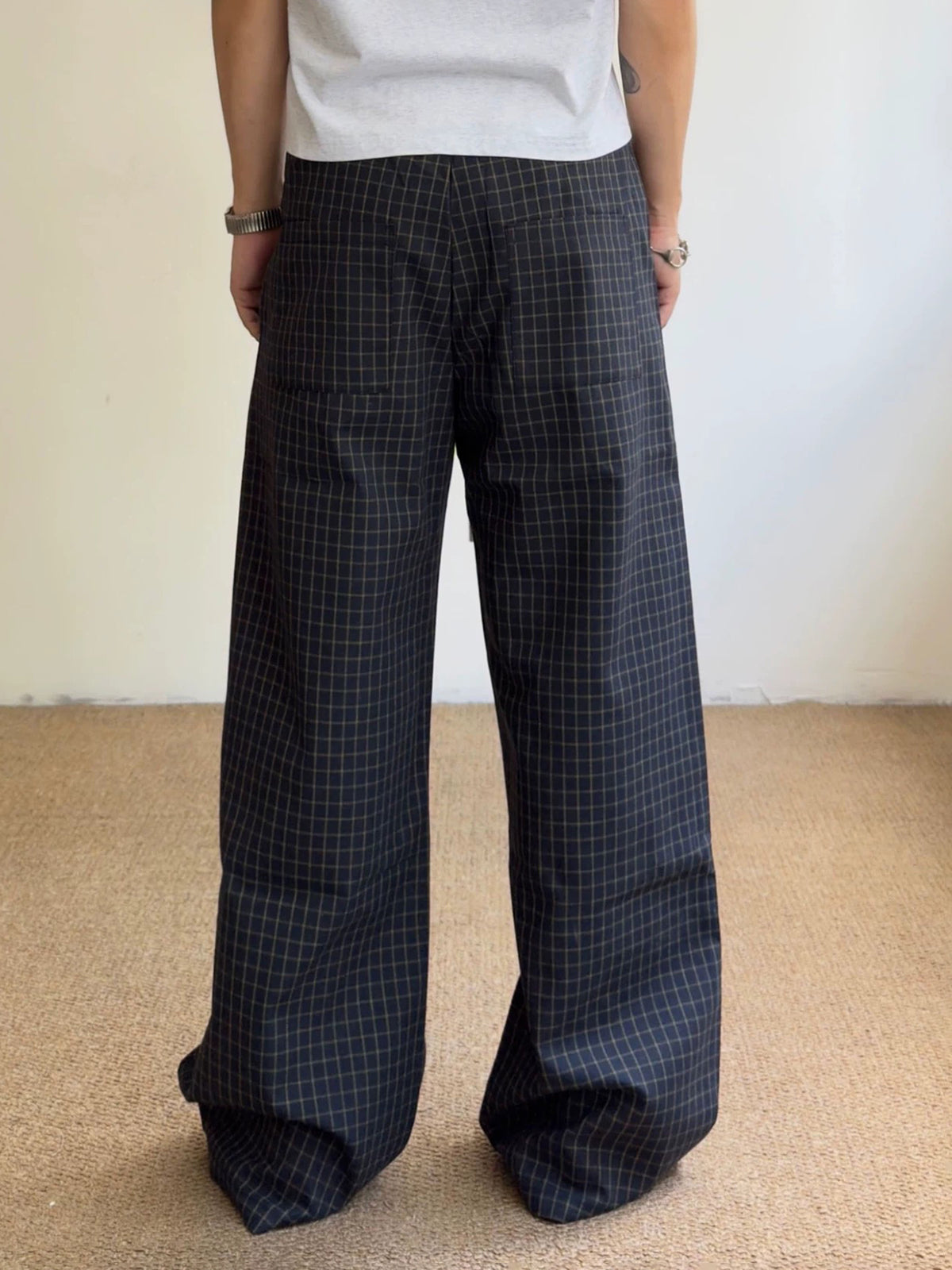 Co-ed Dorm Wide-leg Plaid Denim Pants - Black