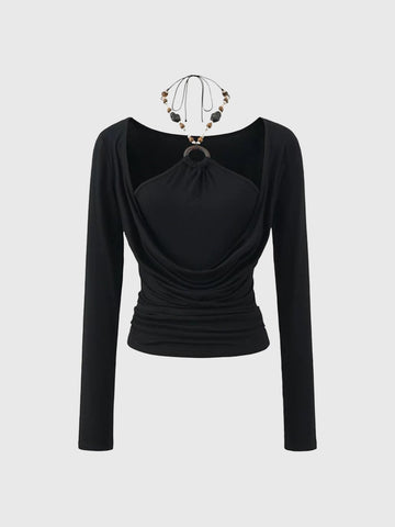 Dolled Office Layered-look Draped Halter Top - Black