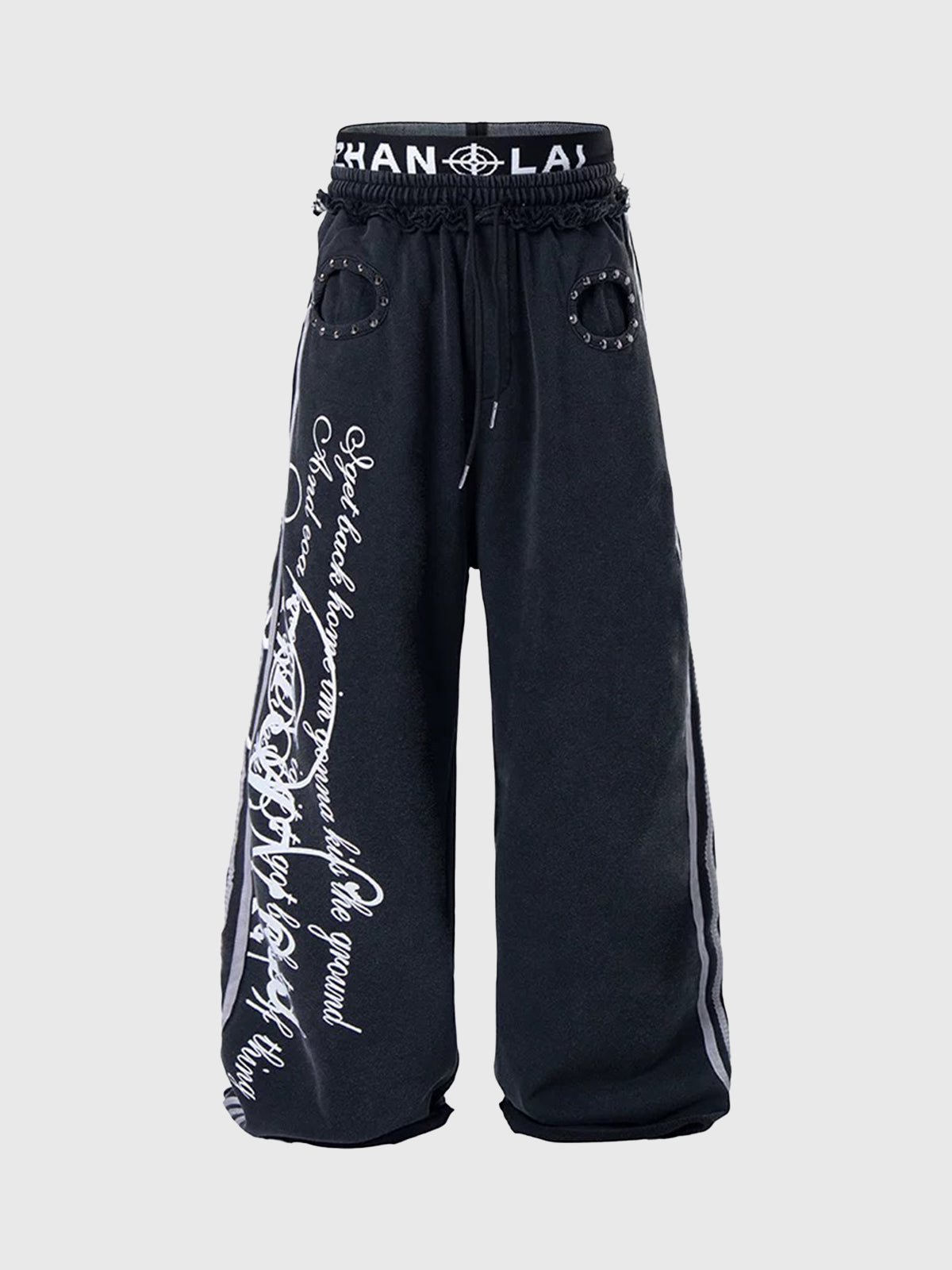 Brick Lane Layered-look Rhinestone Print Wide-leg Pants - Black